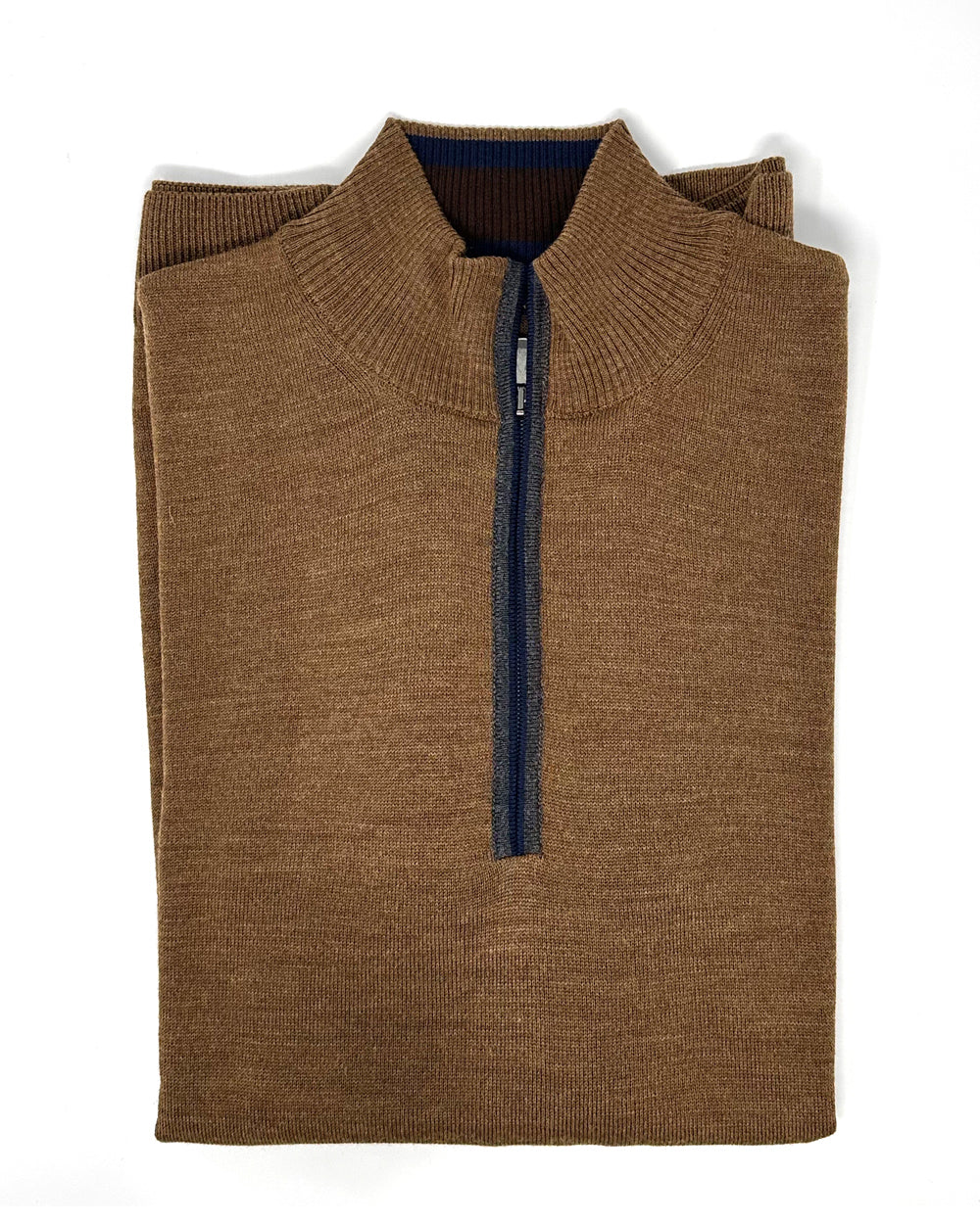 tobacco sweater Tobacco 1/4 Zip Sweater with Navy Piping