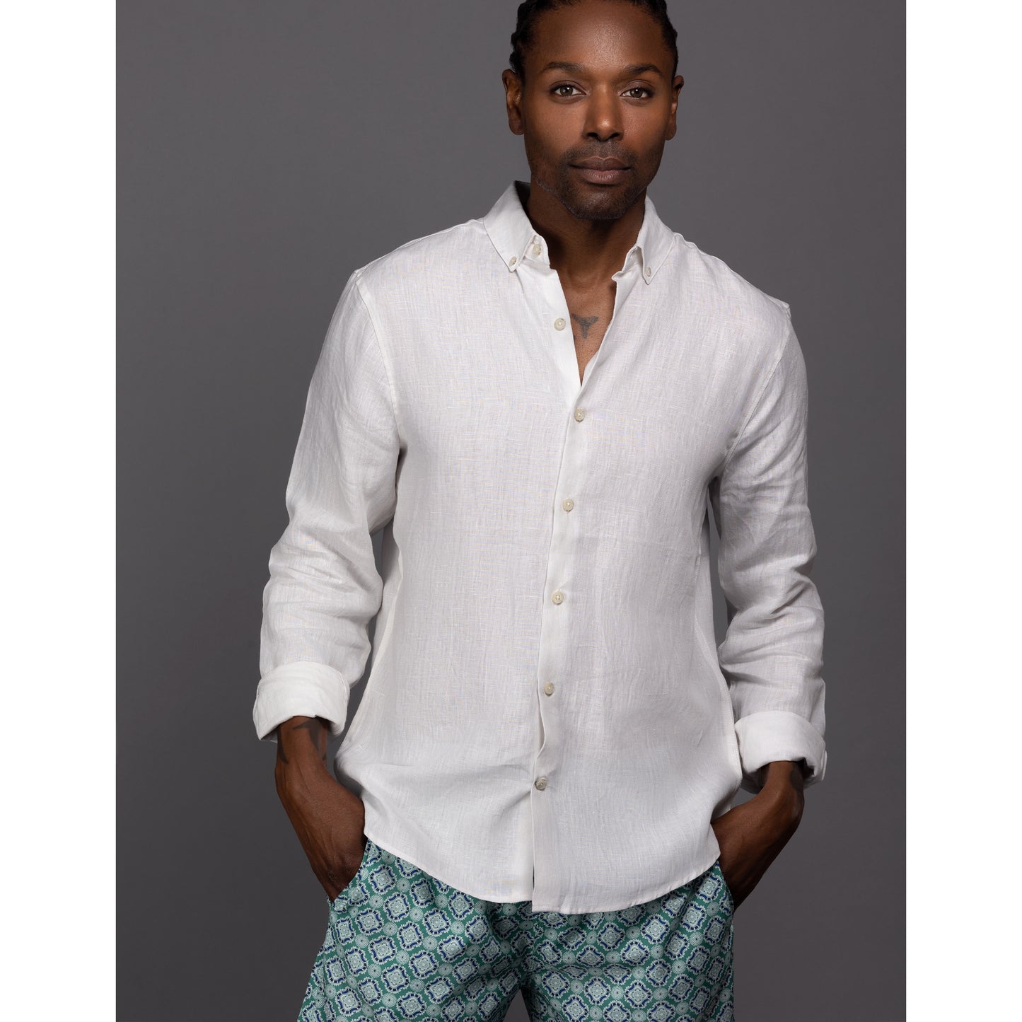 Men's Spa Green Geometric Print Swim Shorts. Shop stylish high-quality mens swim shorts set by Ike Behar.