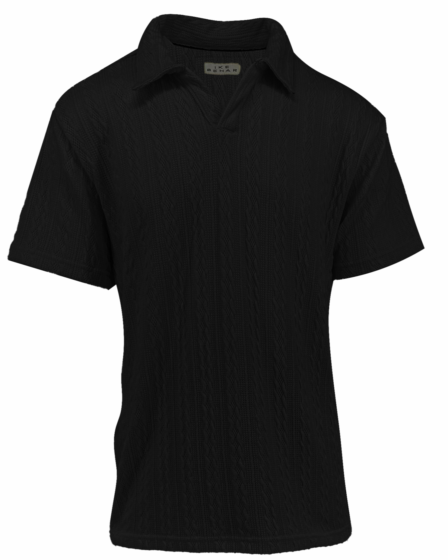 Men's Black Cable Knit Johnny Collar Polo T-shirt – Ike Behar
