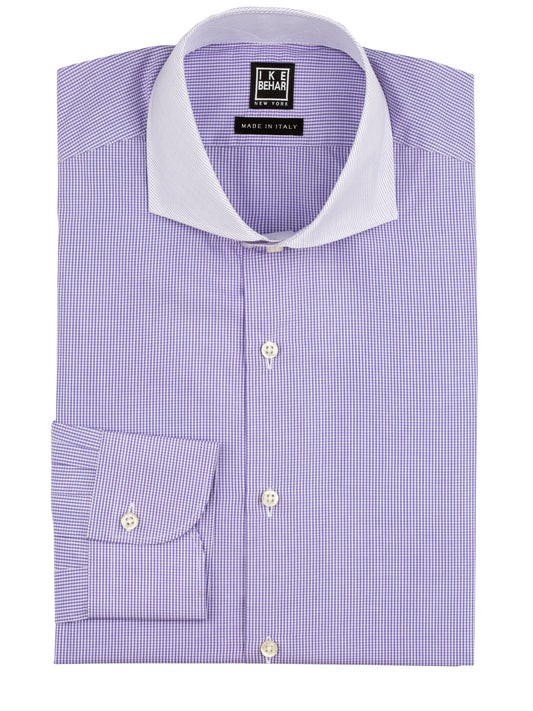 Purple Check-on-Check Contrast Collar Dress Shirt