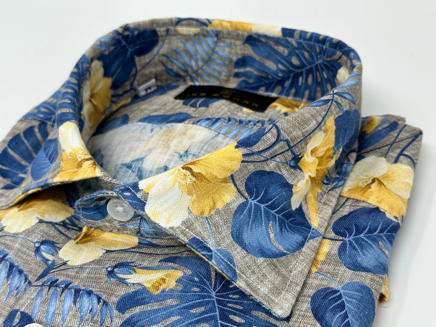 Tan Linen with Blue and Yellow Floral Print Sport Shirt