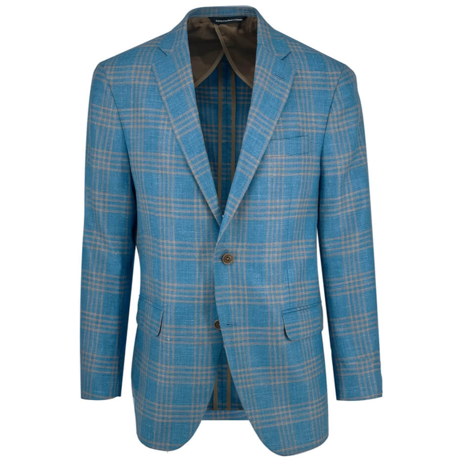 Men's teal beige check sport coat jacket made of wool silk linen blend - Shop stylish high-quality mens sport coats by Ike Behar