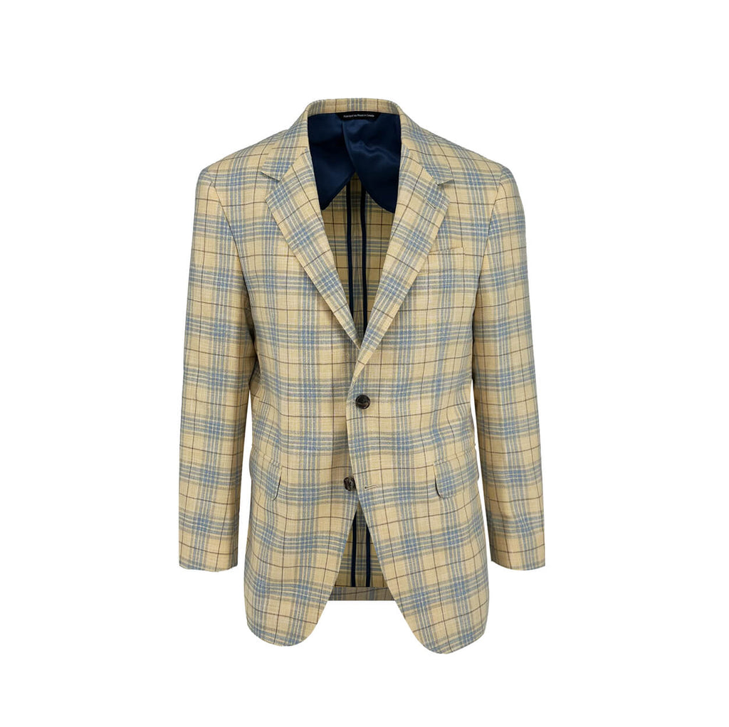 Men's yellow with sky check sport coat jacket made of wool silk cotton blend. Shop stylish high-quality mens sport coats by Ike Behar.