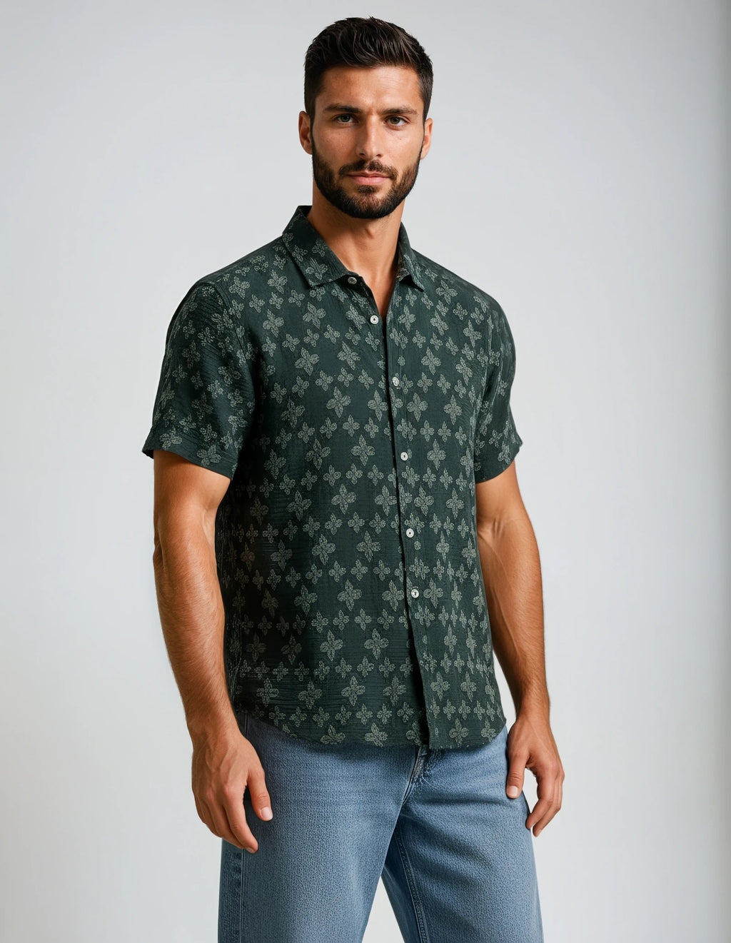 Green Jacquard Textured Short Sleeve Shirt
