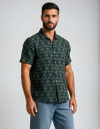 Green Jacquard Textured Short Sleeve Shirt