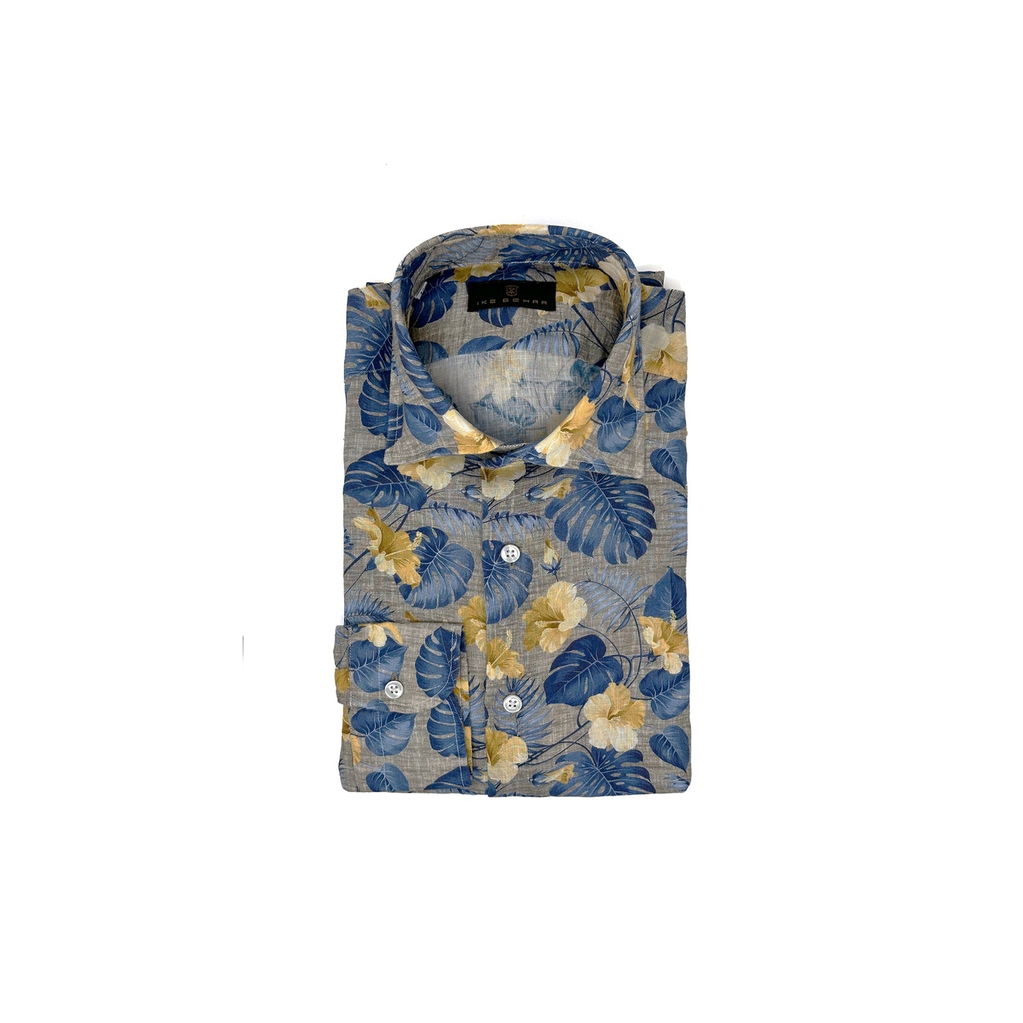 Tan Linen with Blue and Yellow Floral Print Sport Shirt