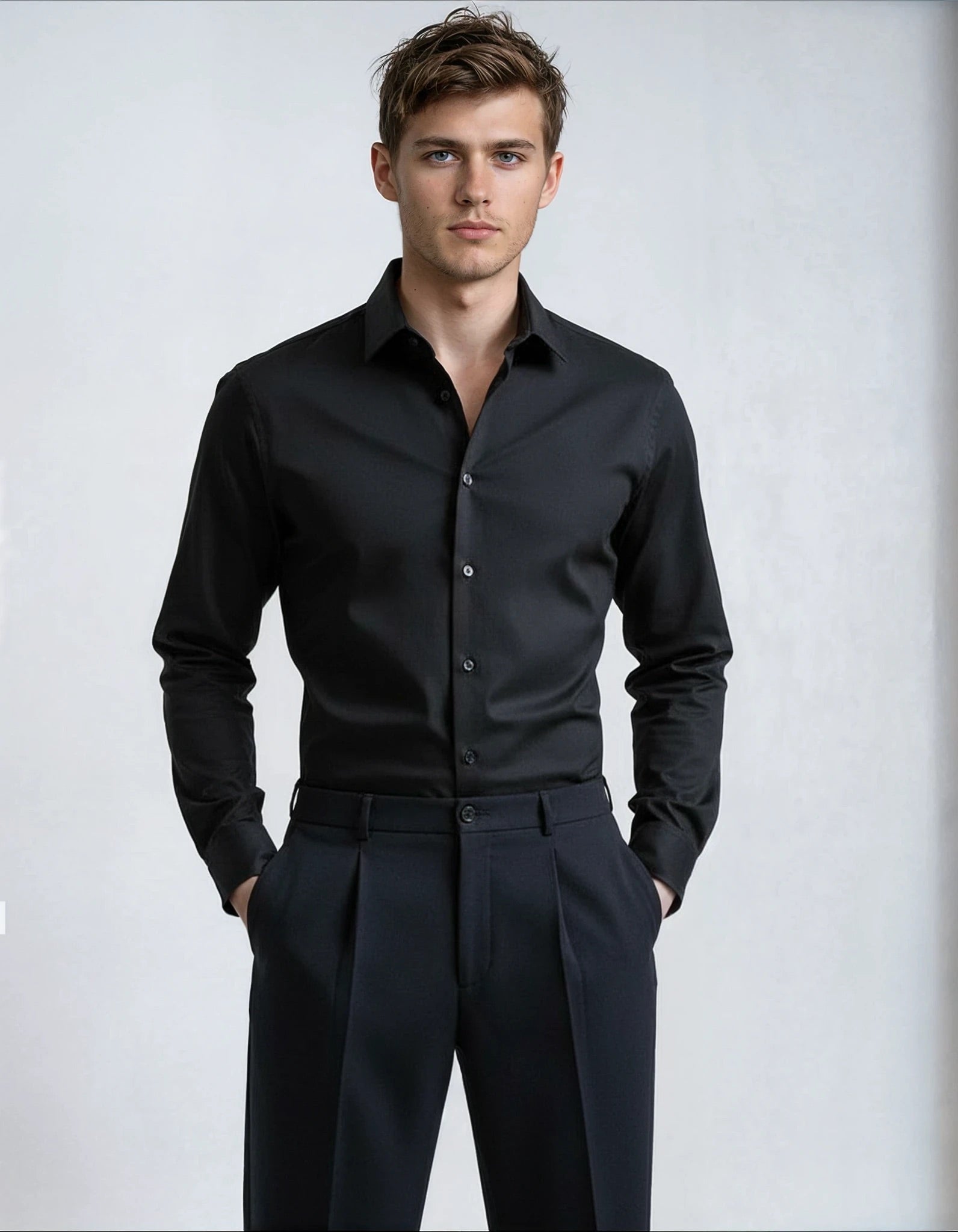 Man wearing a black dress shirt and pants on a light gray background