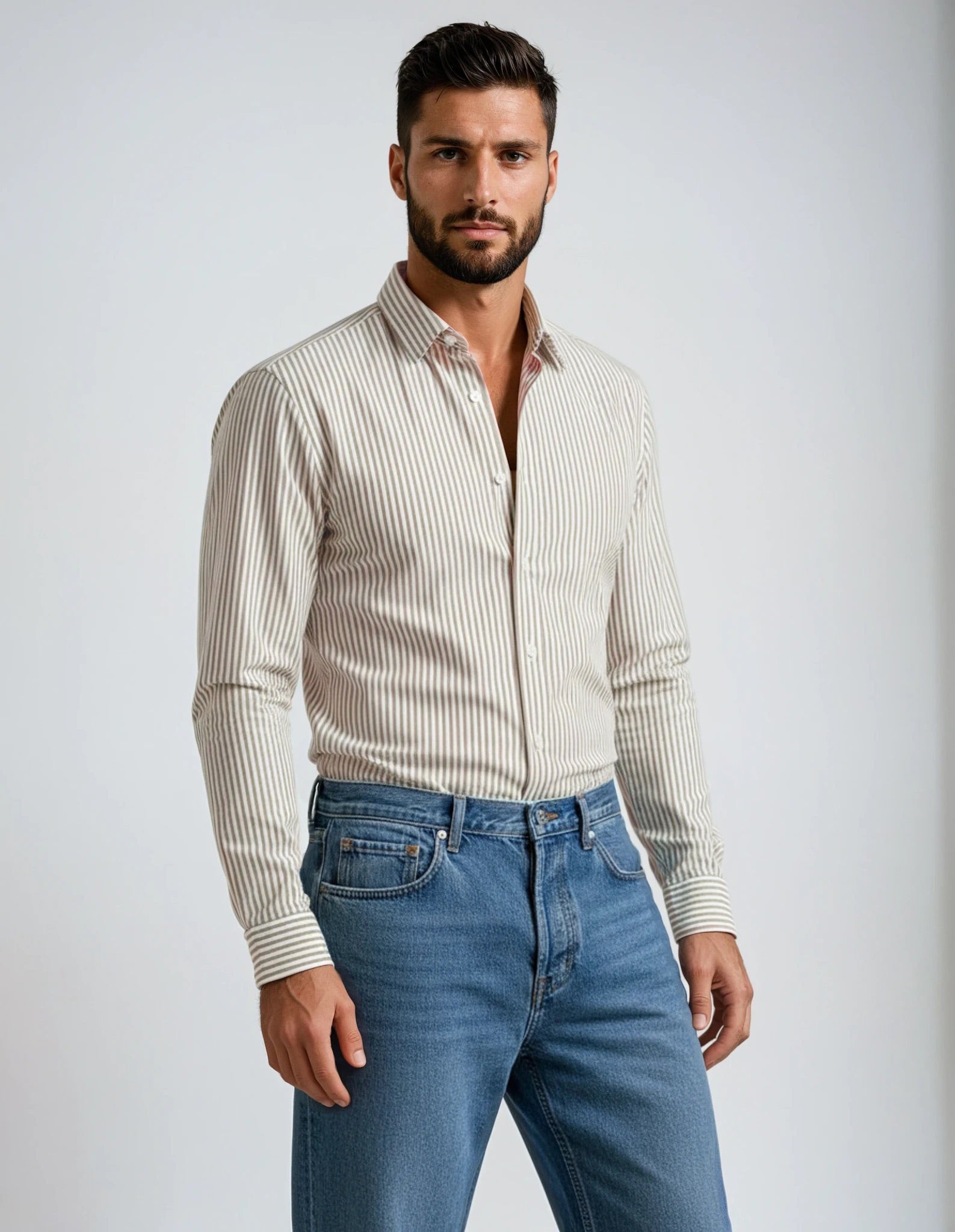 Man wearing a striped shirt and blue jeans against a plain background