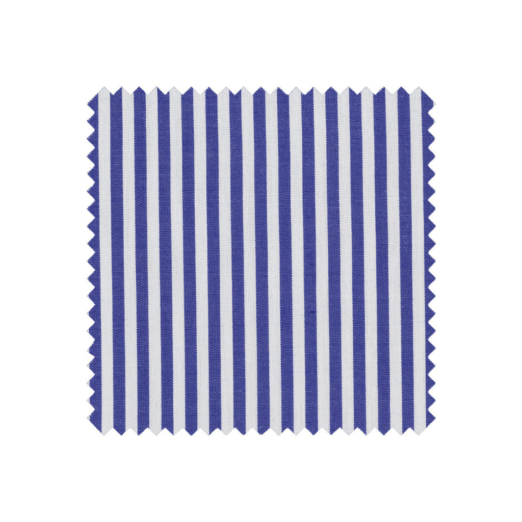 Fabric sample with blue and white vertical stripes on a white background