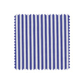 Fabric sample with blue and white vertical stripes on a white background
