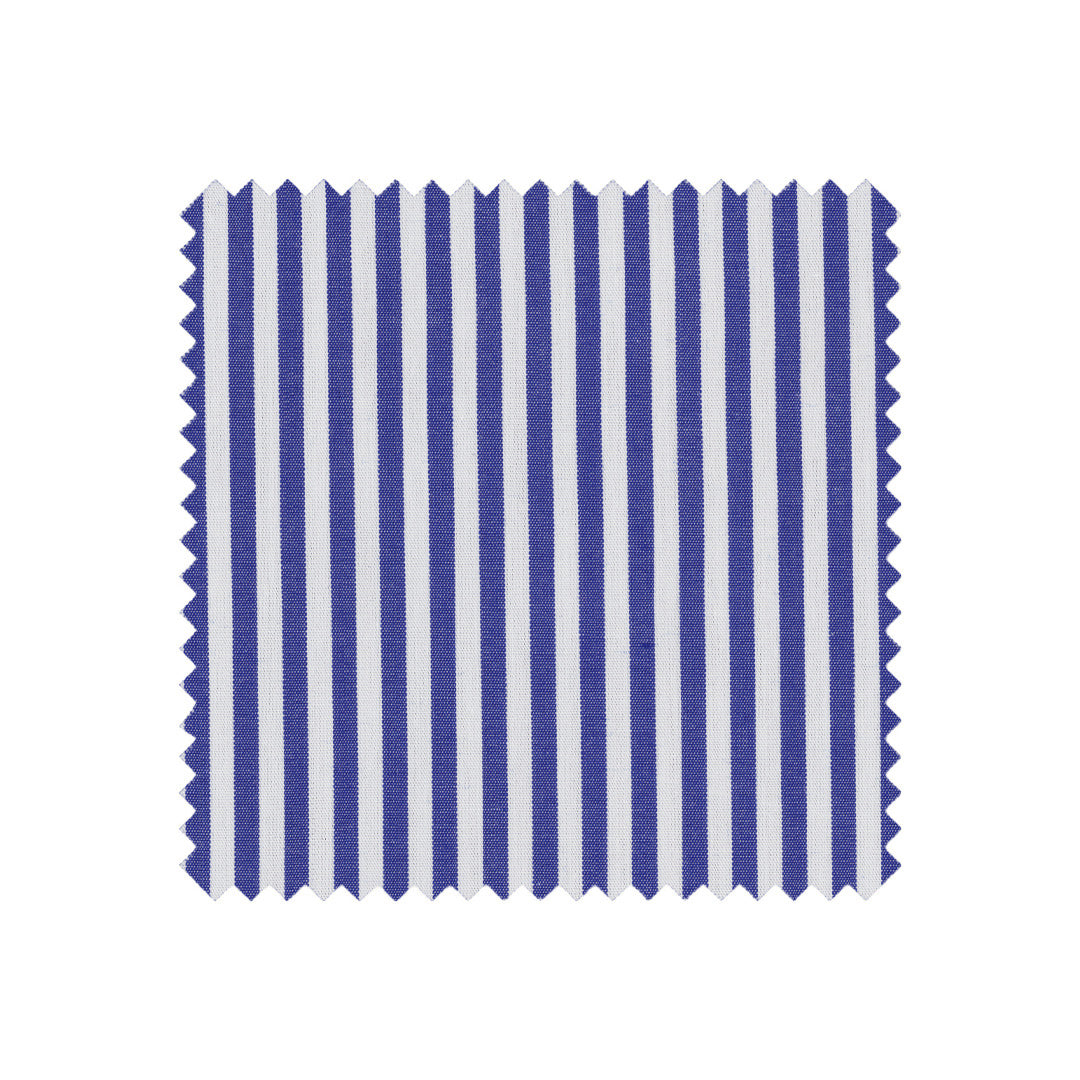 Fabric sample with blue and white vertical stripes on a white background
