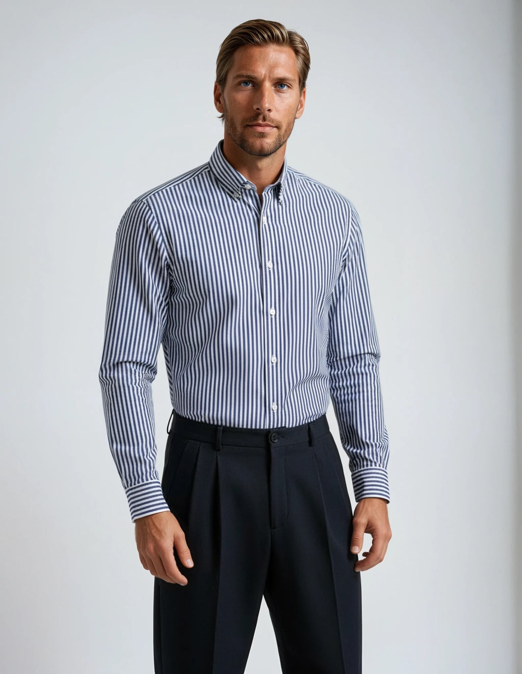 Man wearing a blue and white striped shirt with black pants on a light gray background