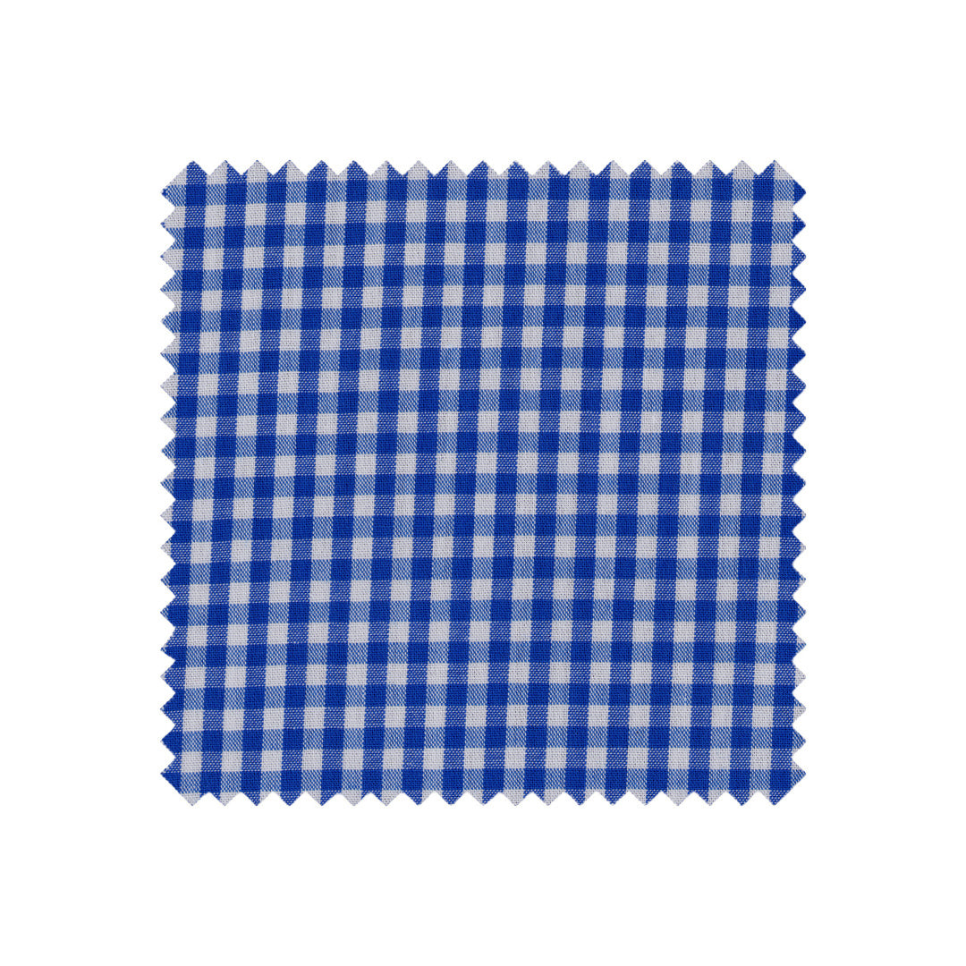 Blue and white checkered fabric swatch on a white background