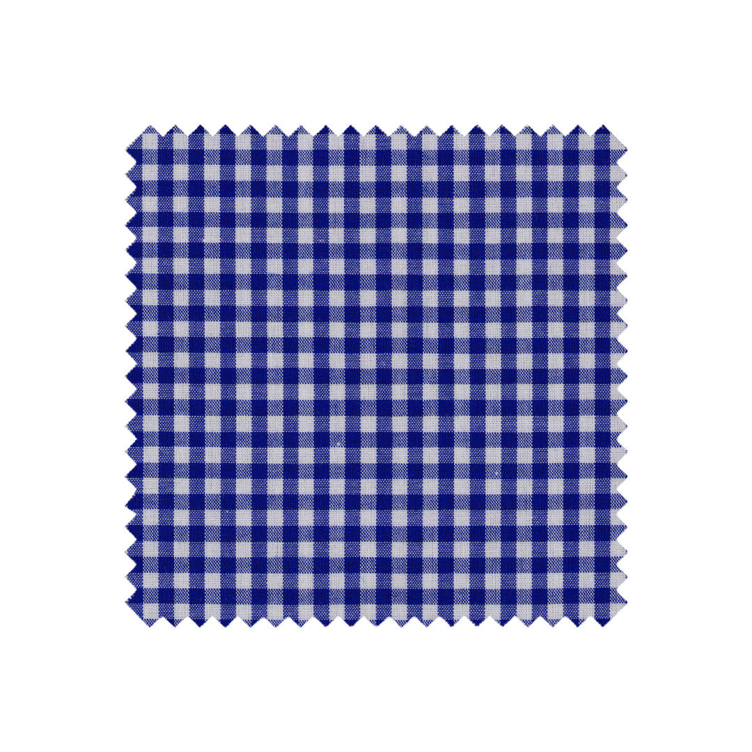 Blue and white checkered fabric swatch on a white background