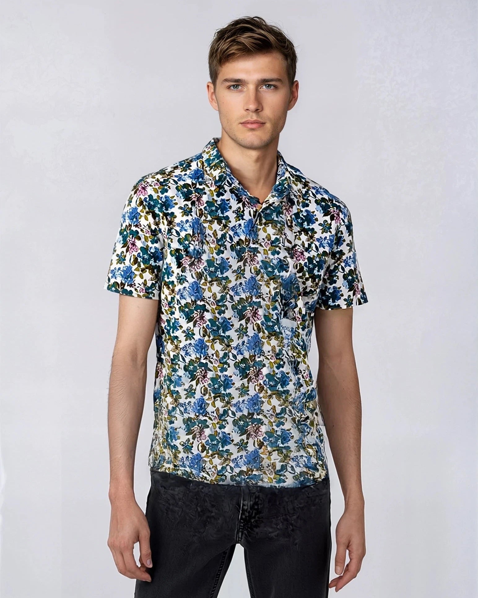Cotton and Linen Multi-Floral Print Short Sleeve Shirt S Cotton and Linen Multi-Floral Print Short Sleeve Shirt S