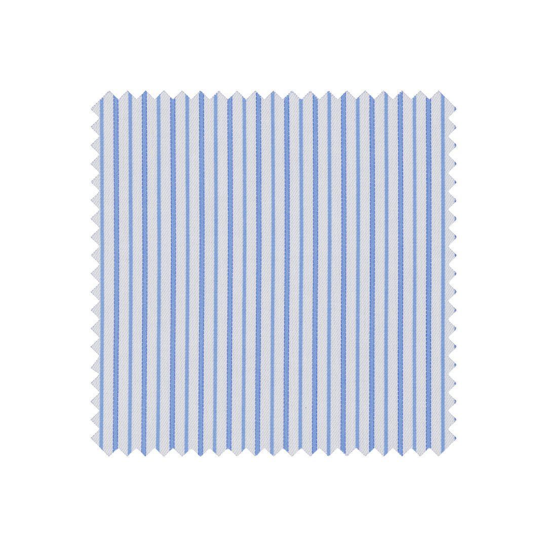 Blue and white striped fabric swatch on a white background