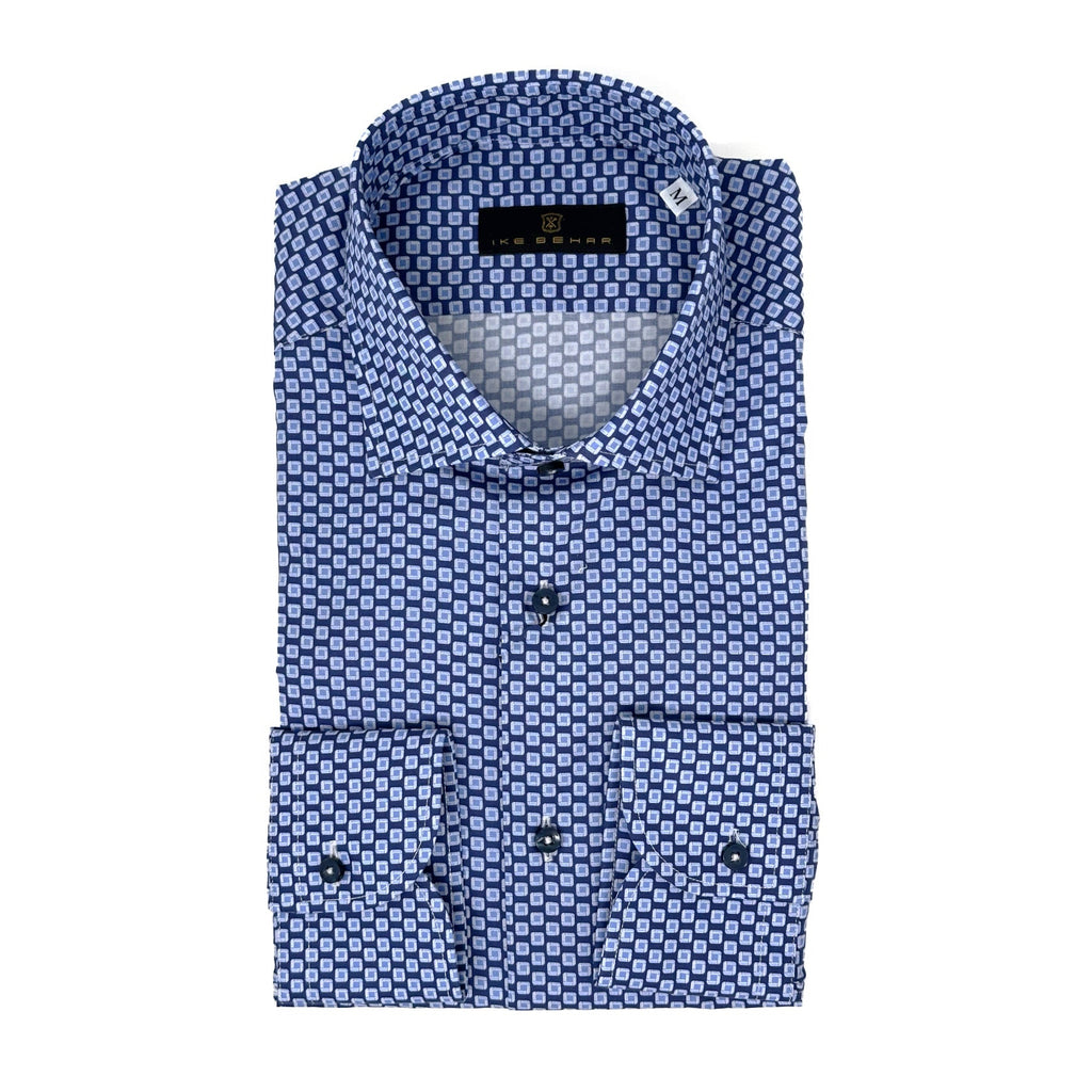 Men's Navy and Sky Geometric Print Sport Shirt. Shop stylish high-quality mens sport shirts by Ike Behar.