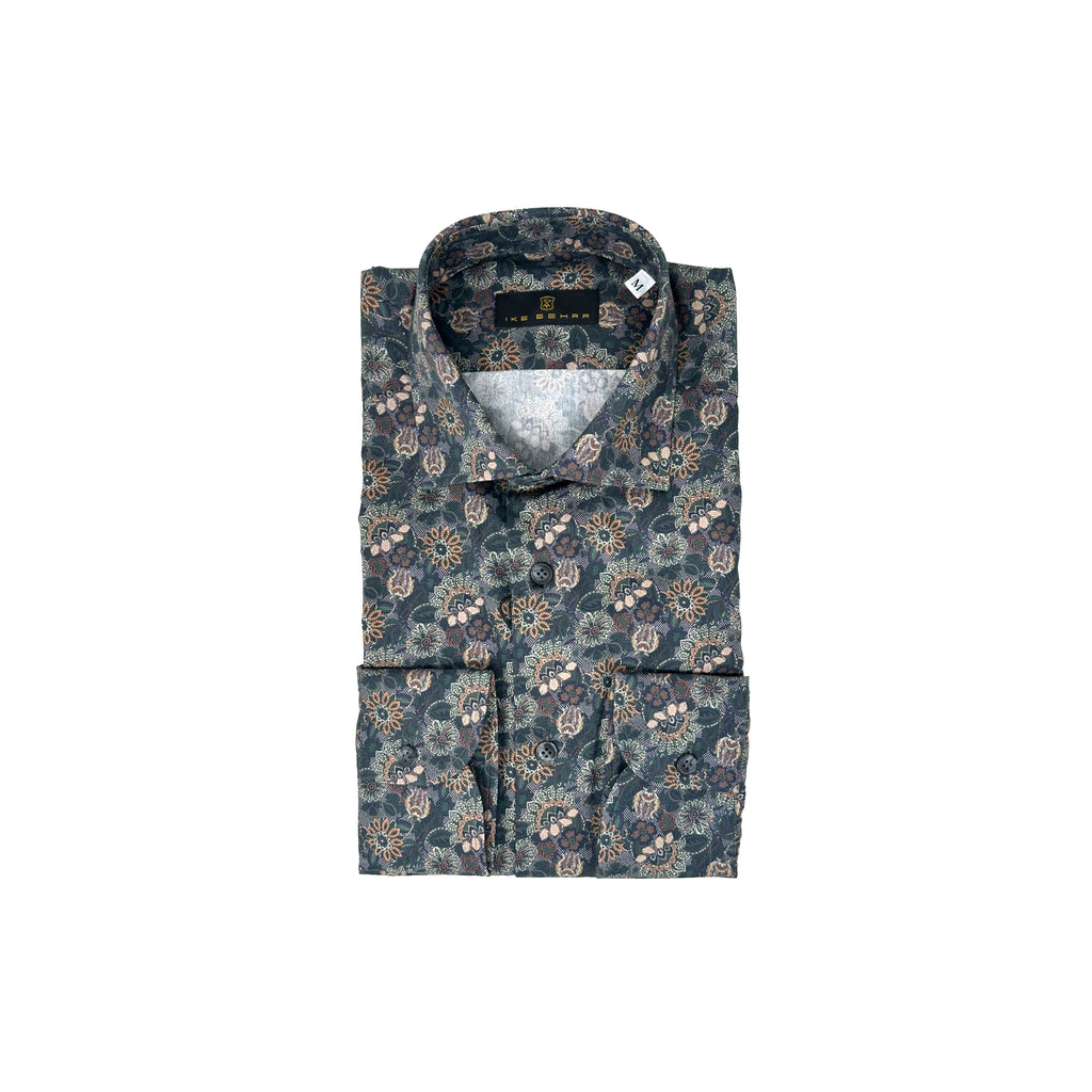 Men's Forrest Green Ground Floral Paisley Print Sport Shirt. Shop stylish high-quality mens sport shirts by Ike Behar.