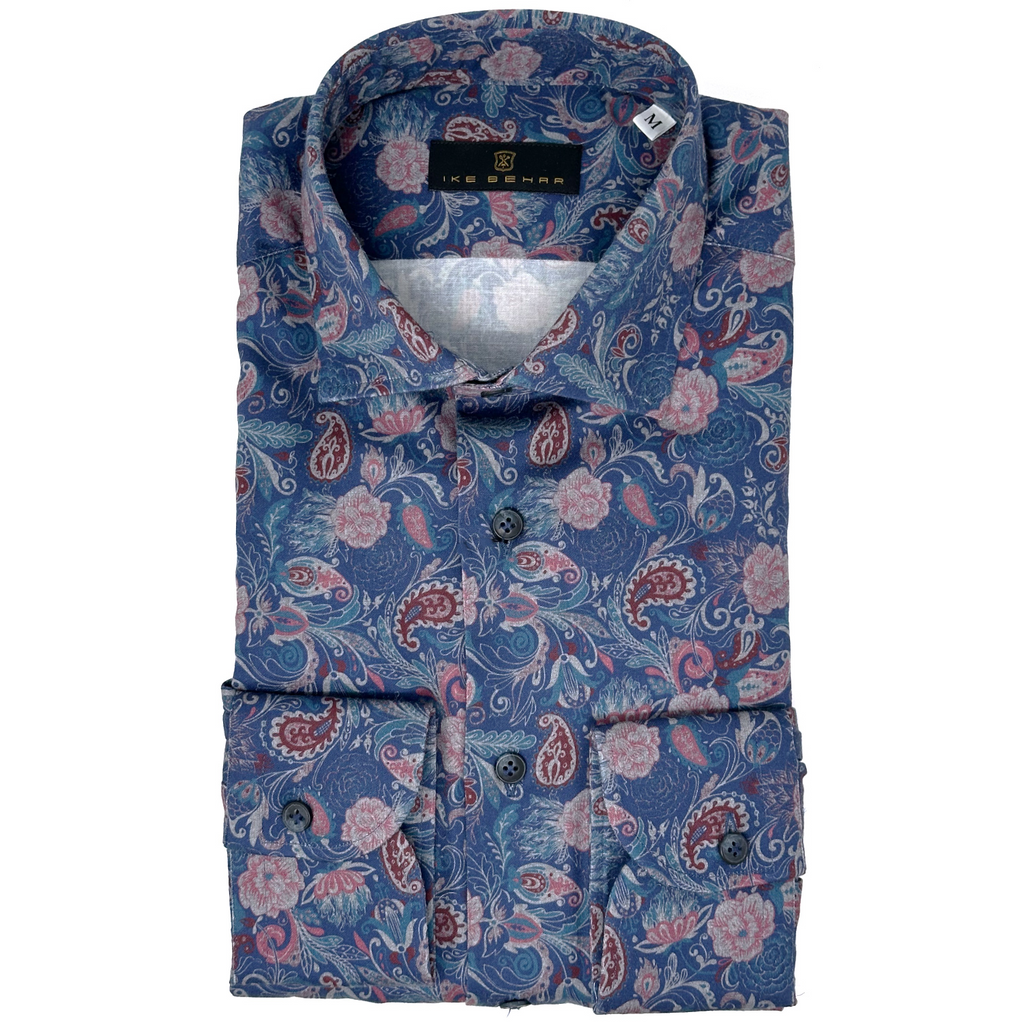 Men's Blue Ground with Rose Floral Paisley Print Sport Shirt. Shop stylish high-quality mens sport shirts by Ike Behar.