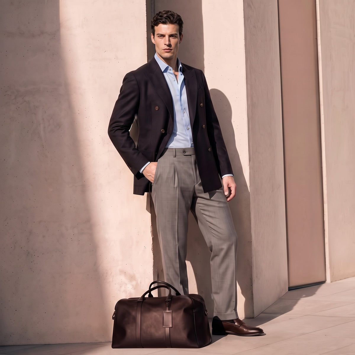 A man stands against a beige architectural wall wearing a dark navy double-breasted blazer, a light blue dress shirt, and light gray trousers, with a dark brown leather duffel bag on the floor beside him.