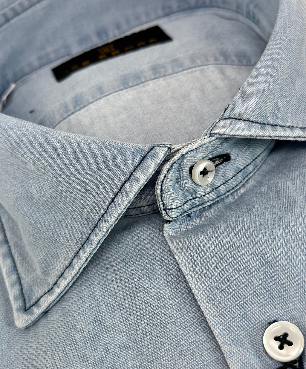 Men's Light Wash Blue Denim Shirt. Shop stylish high-quality mens denim shirts by Ike Behar.