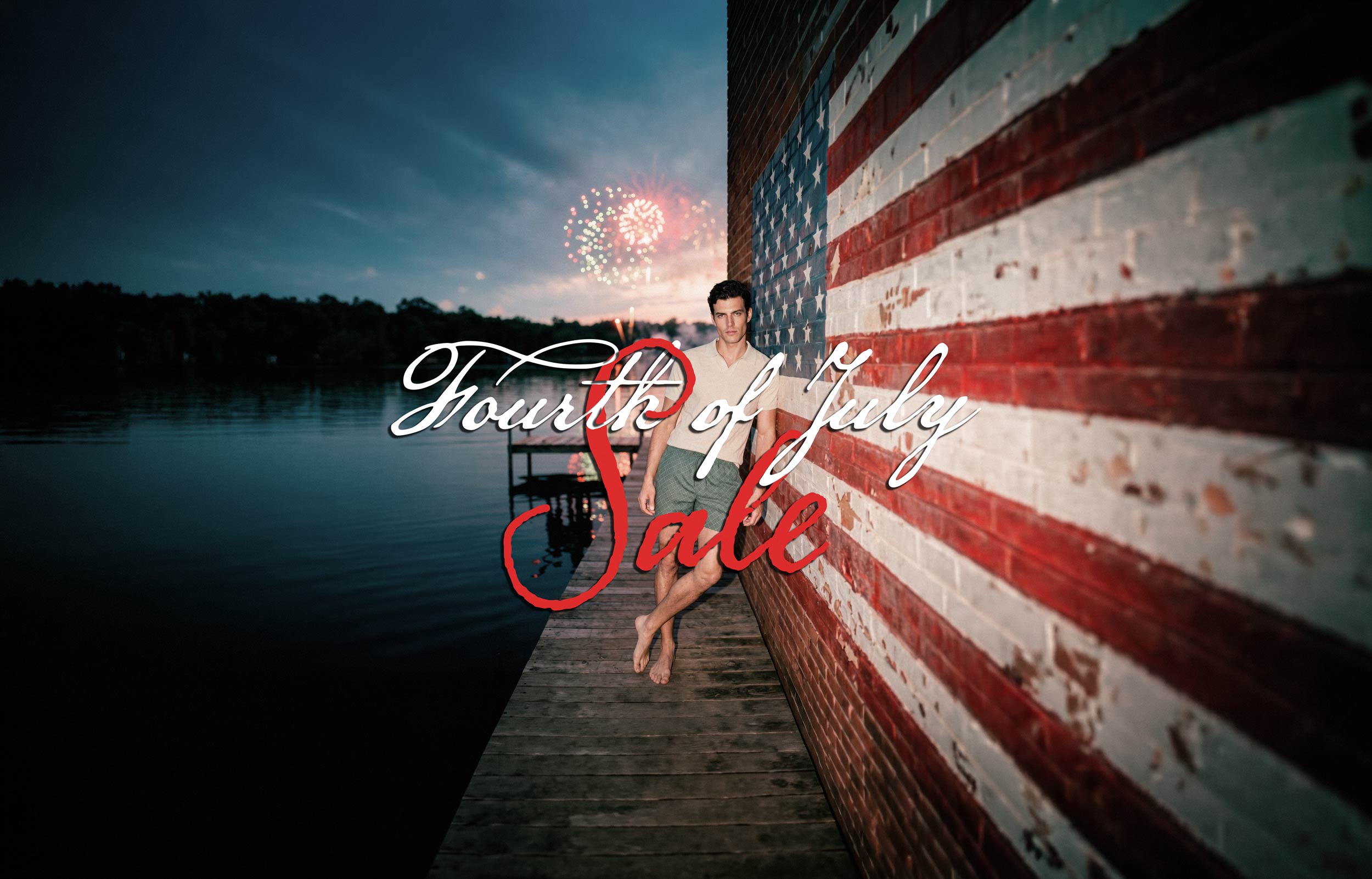 Fourth of July Sale. Man in bathing suit and polo standing on dock in-front of fireworks
