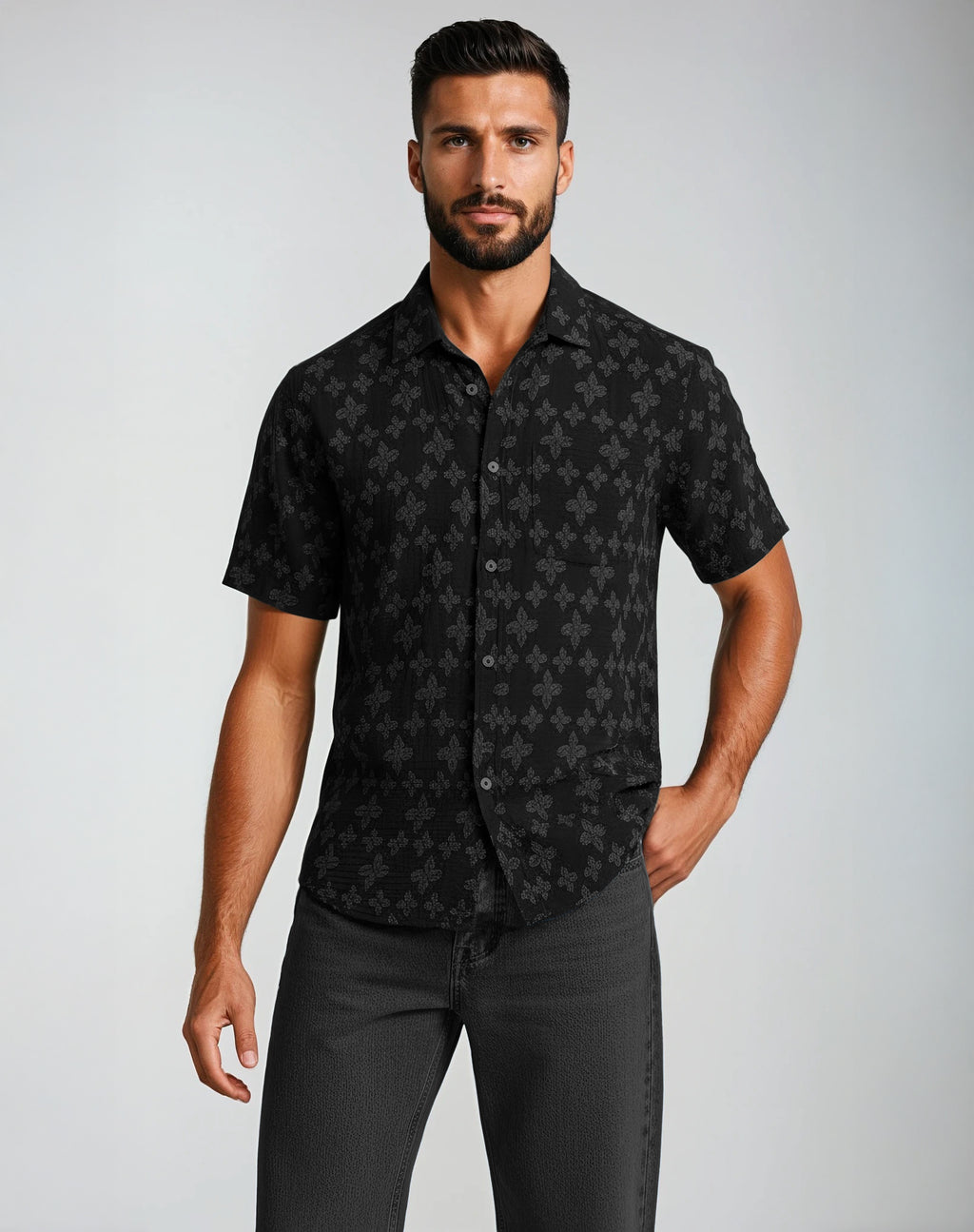Black Jacquard Textured Short Sleeve Shirt