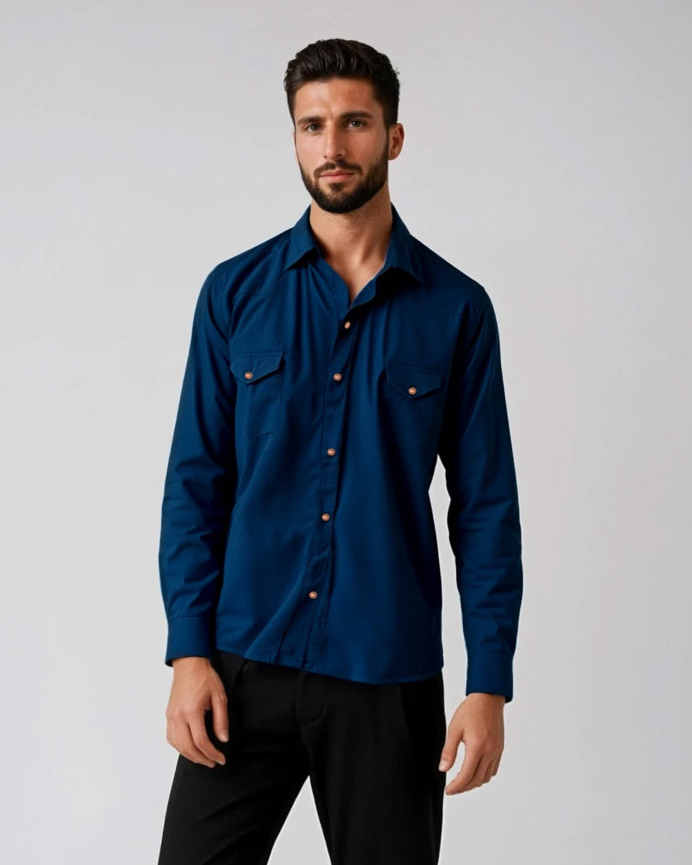 Men's Dark Navy Two-Pocket Western Shirt. Shop stylish high-quality mens shirts by Ike Behar.