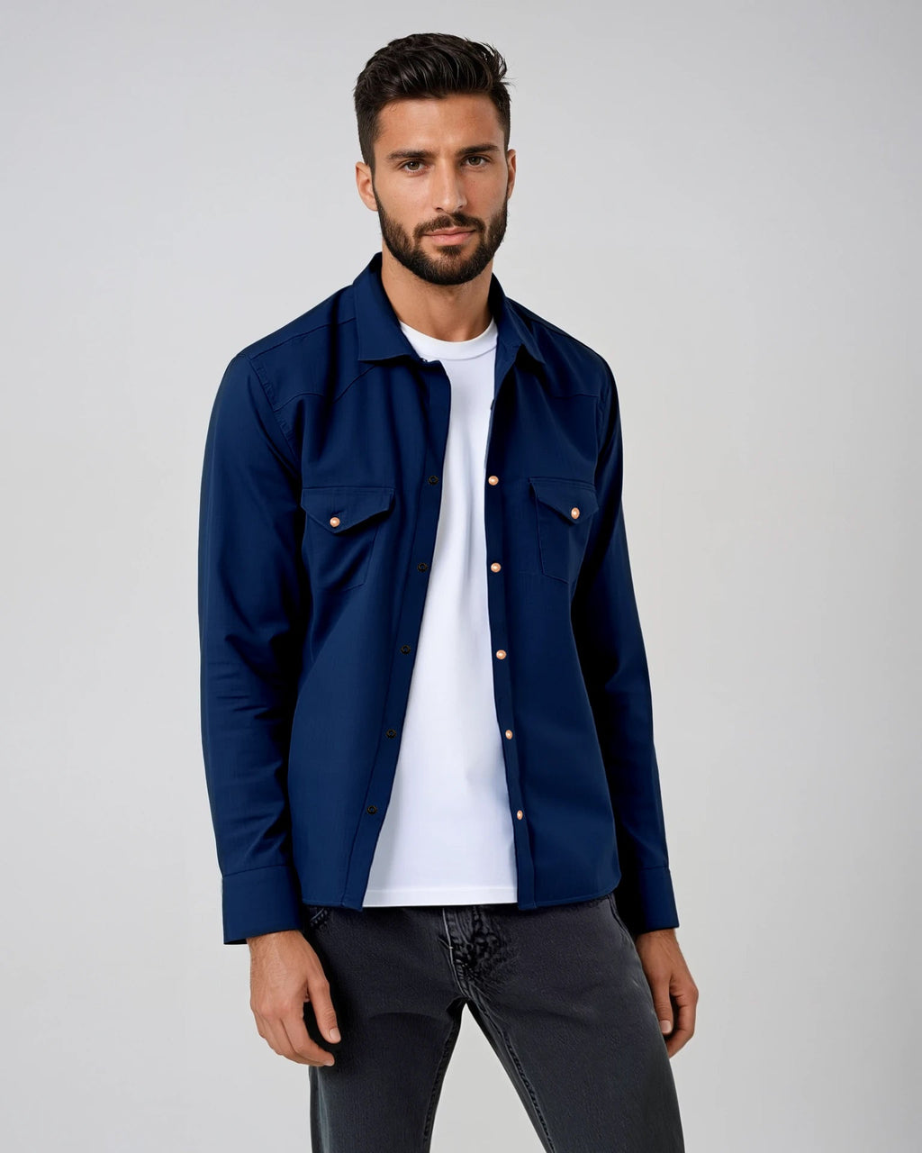 Men's Dark Navy Two-Pocket Western Shirt. Shop stylish high-quality mens shirts by Ike Behar.