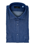 Men's Dark Wash Denim Two-Pocket Western Shirt. Shop stylish high-quality mens shirts by Ike Behar.