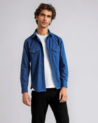 Men's Dark Wash Denim Two-Pocket Western Shirt. Shop stylish high-quality mens shirts by Ike Behar.