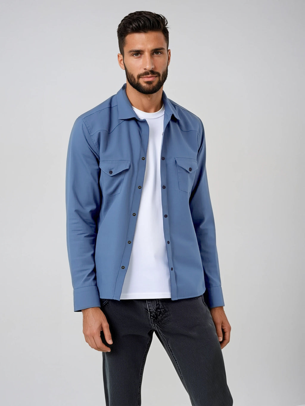 Men's Mid-Blue Two-Pocket Western Shirt. Shop stylish high-quality mens shirts by Ike Behar.