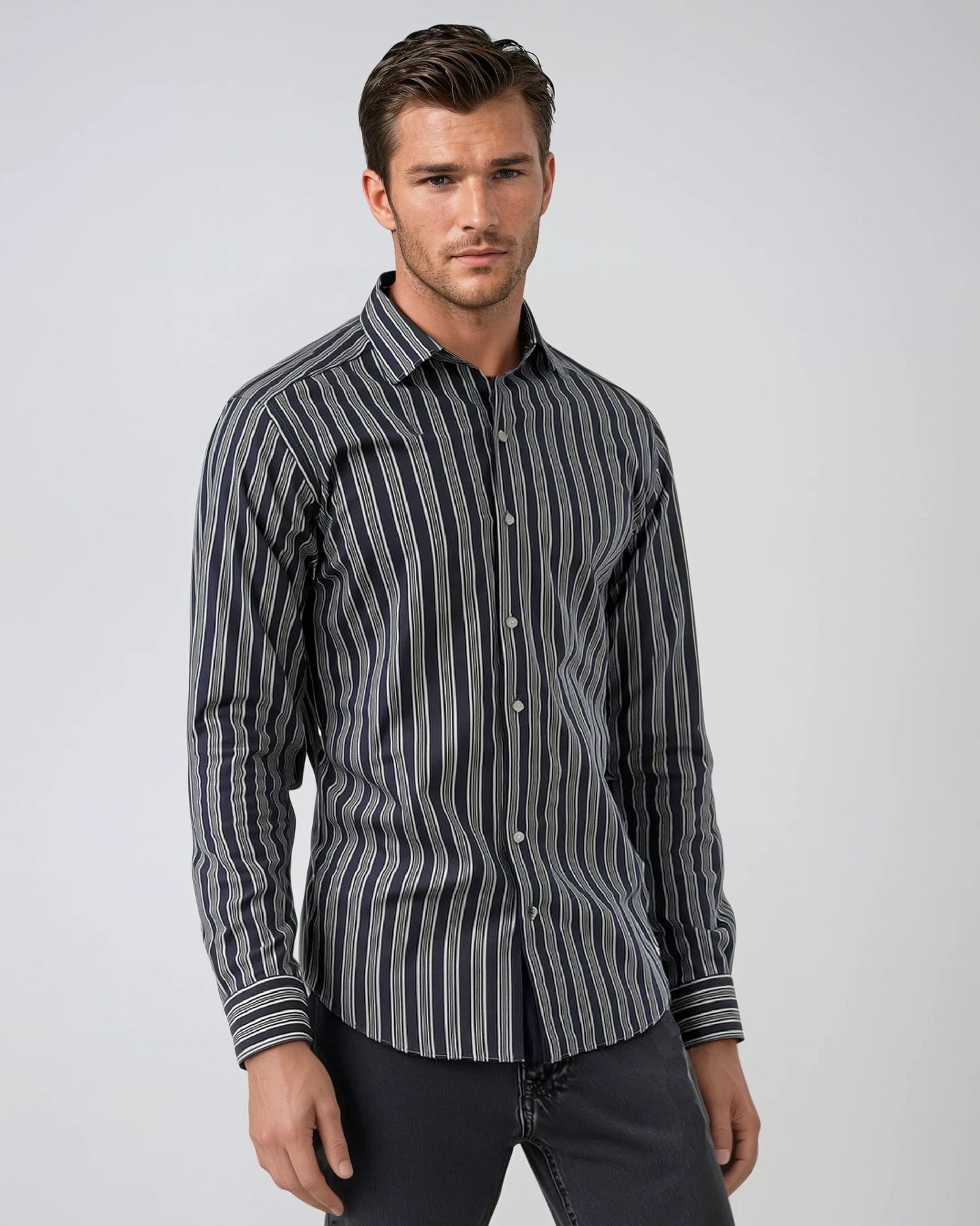 wake sapporo Farah striped tシャツ　ネイビー　XL Men's Navy Stripe Cotton Sport Shirt – Ike Behar