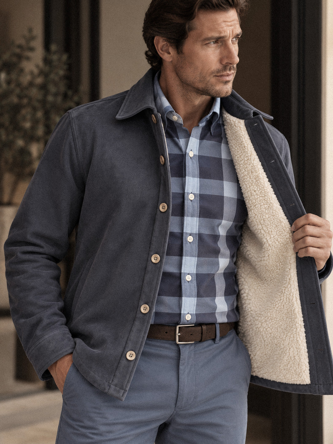 A man wearing a navy overshirt shirt jacket with a cream sherpa lining over a blue and white plaid button-down shirt, paired with gray trousers and a brown belt.