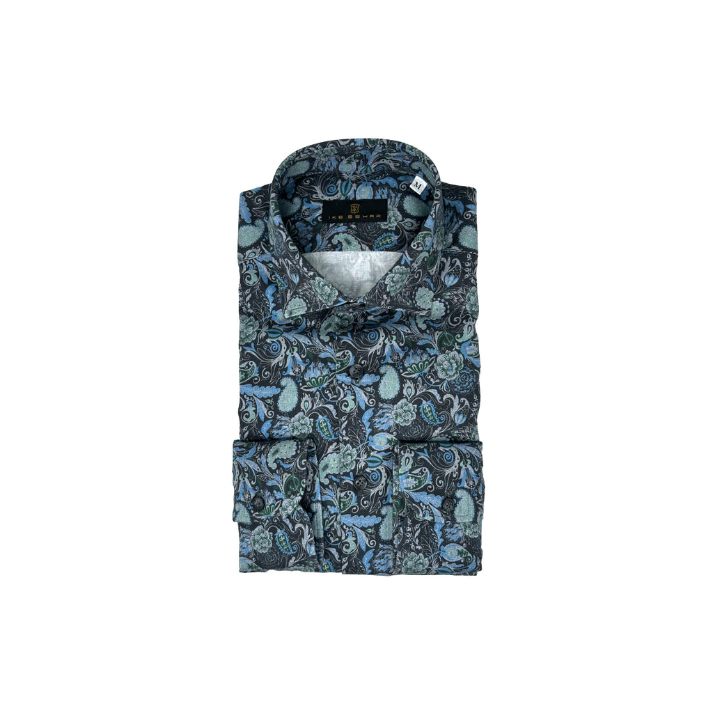Men's Slate Ground with Teal floral Paisley Print Sport Shirt. Shop stylish high-quality mens sport shirts by Ike Behar.