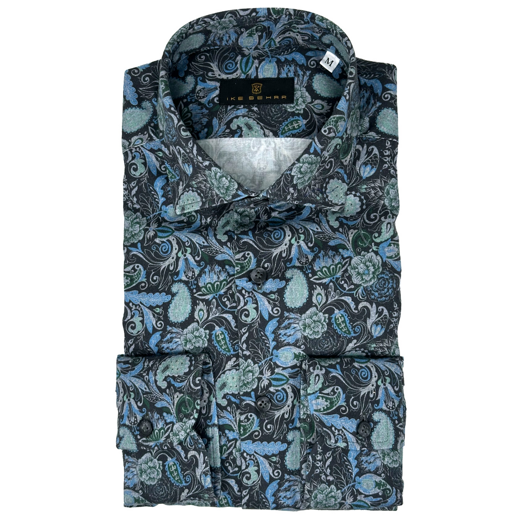 Men's Slate Ground with Teal floral Paisley Print Sport Shirt. Shop stylish high-quality mens sport shirts by Ike Behar.