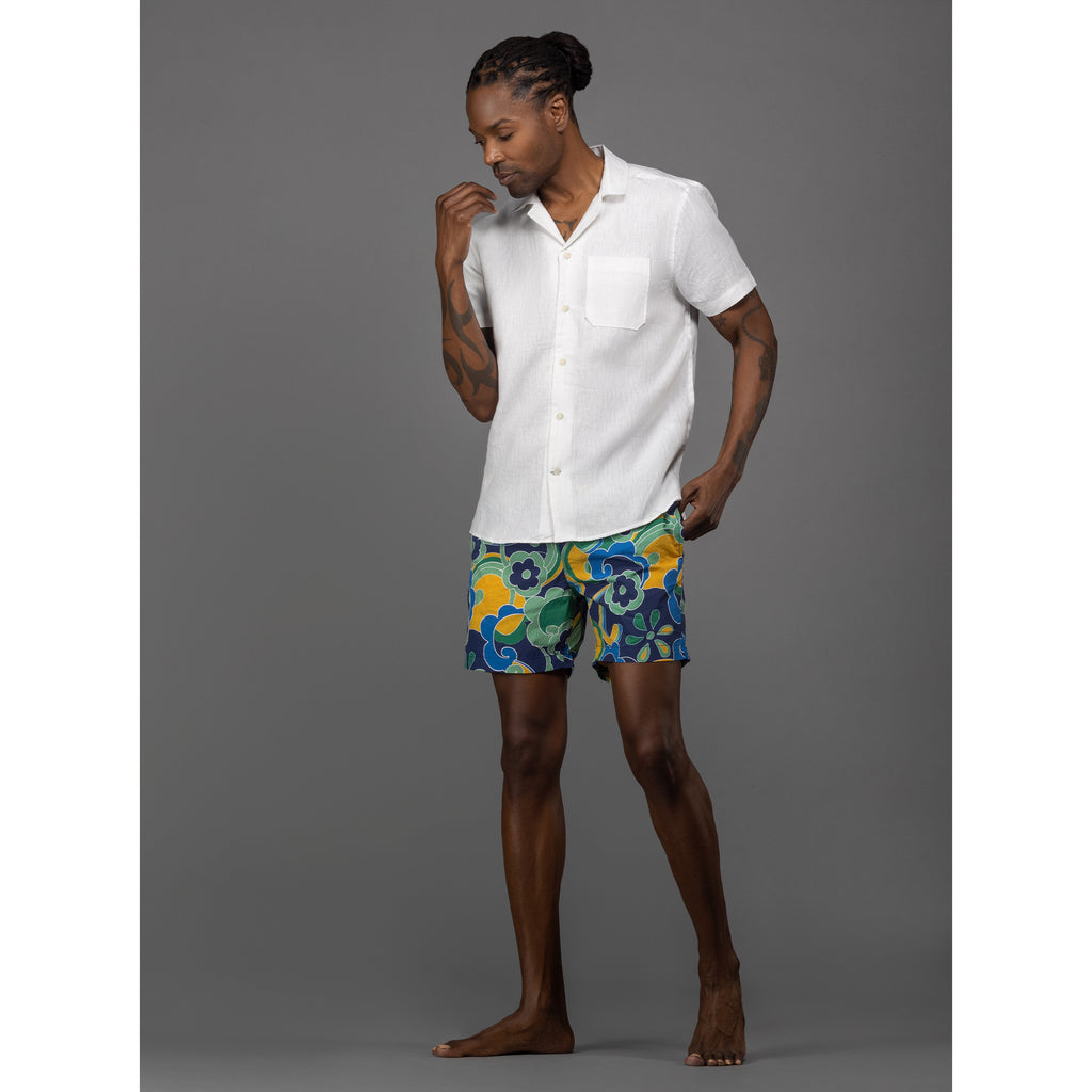 Men's Ultra-Marine Floral Swirl Print Swim Shorts. Shop stylish high-quality mens swim shorts set by Ike Behar.