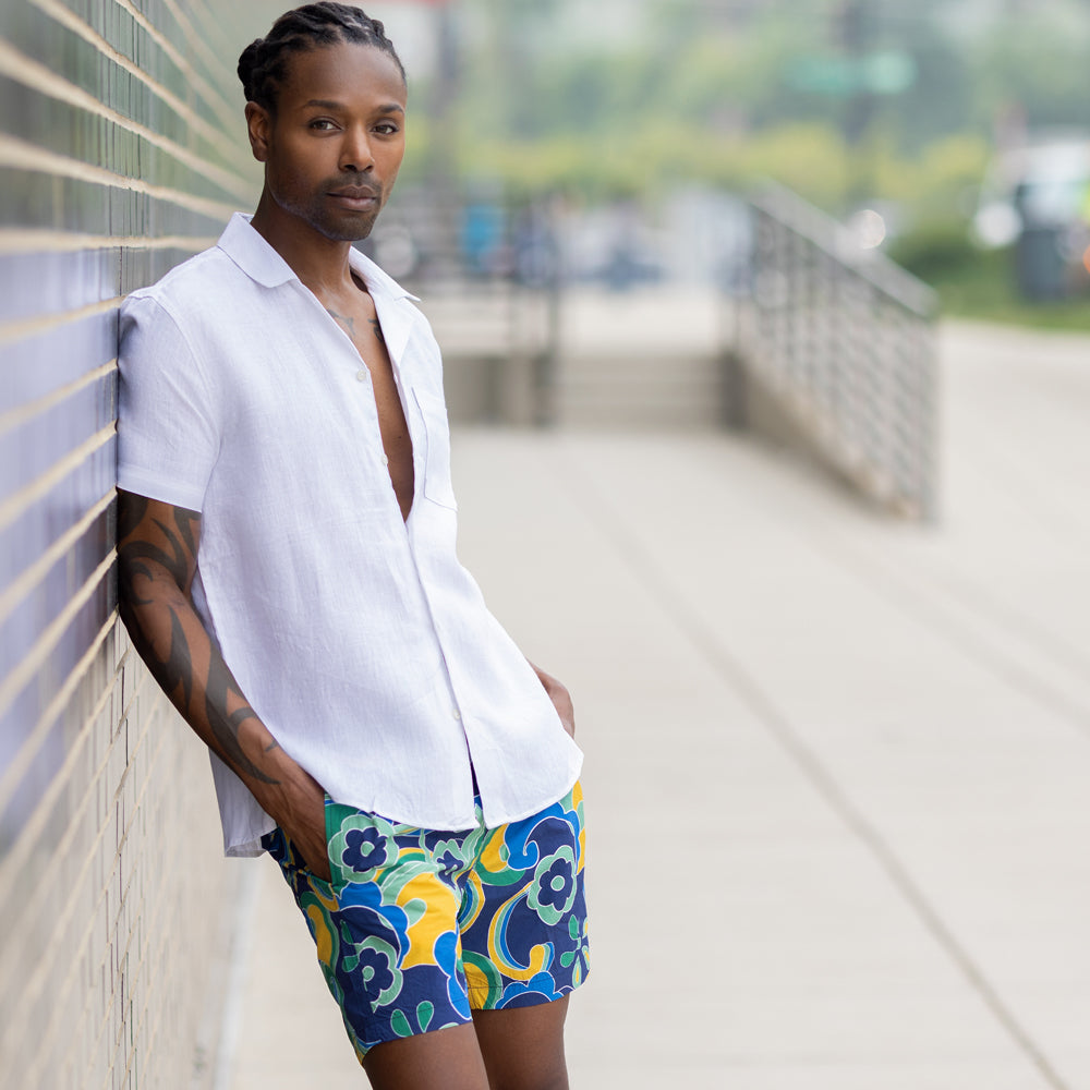 Men's Ultra-Marine Floral Swirl Print Swim Shorts. Shop stylish high-quality mens swim shorts set by Ike Behar.