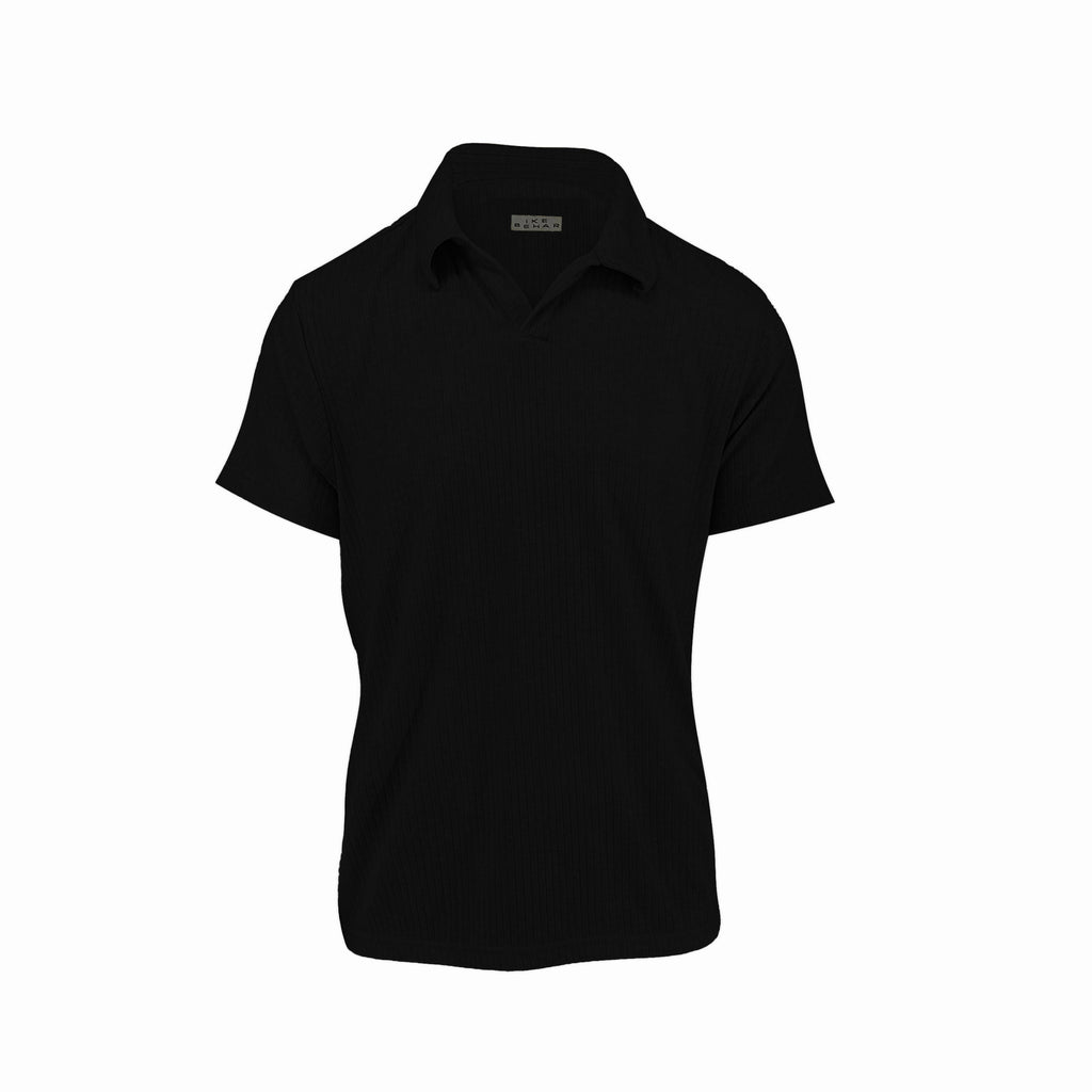 Men's black ribbed sweater knit polo tee. Shop stylish, high-quality mens tees by Ike Behar