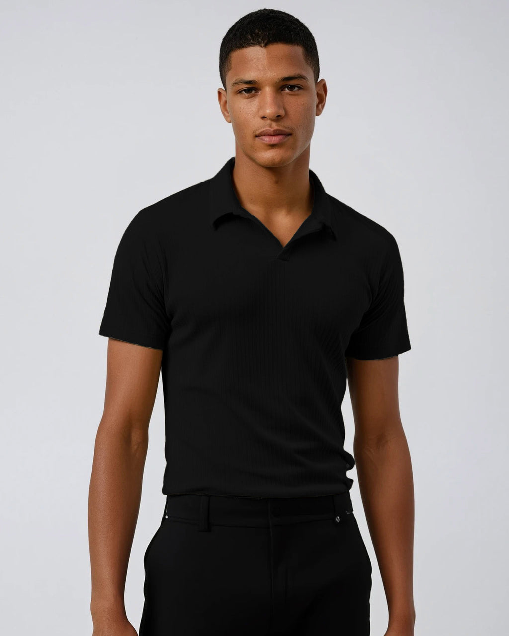 Men's black ribbed sweater knit polo tee. Shop stylish, high-quality mens tees by Ike Behar