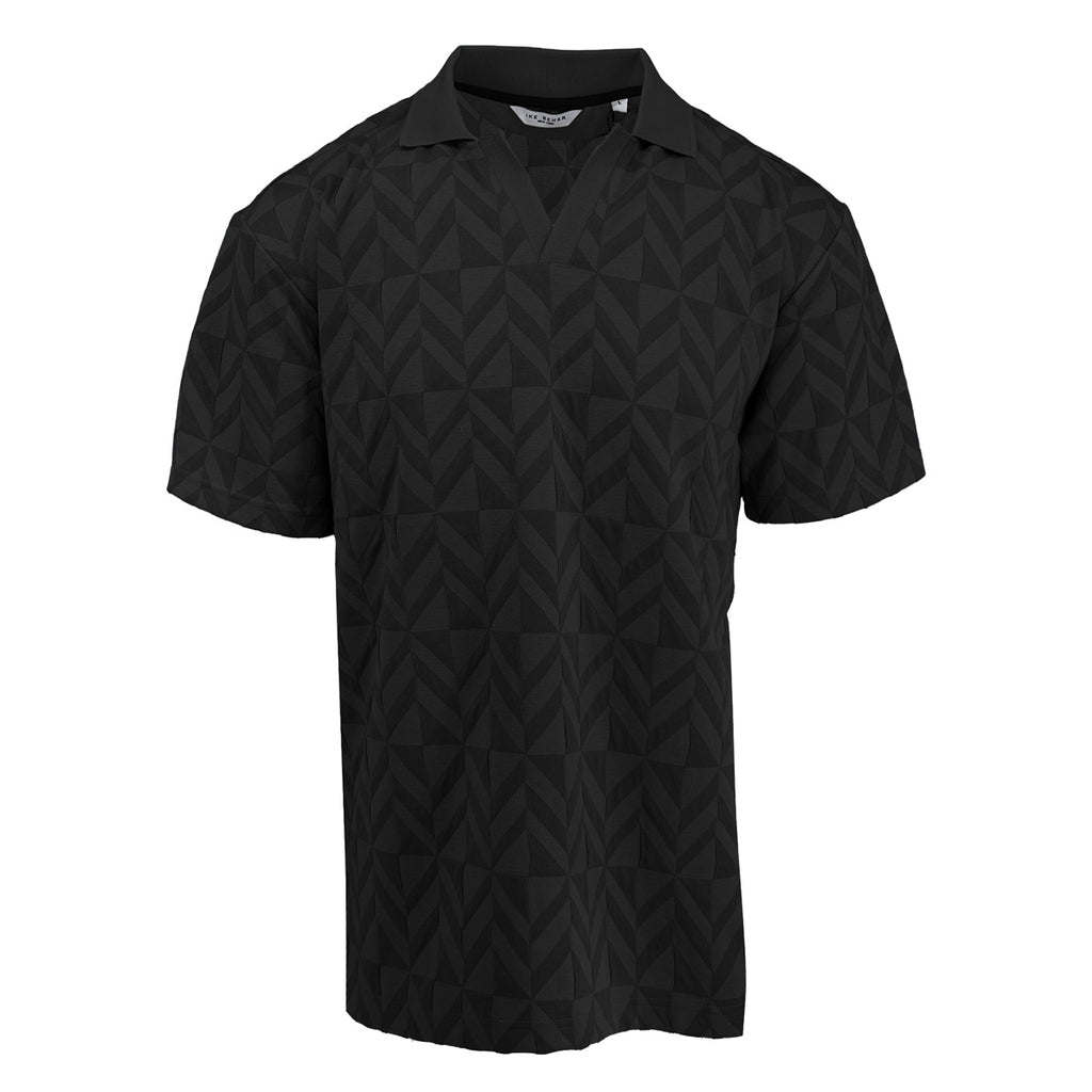 Black diamond patterned soft knit polo shirt on a white background