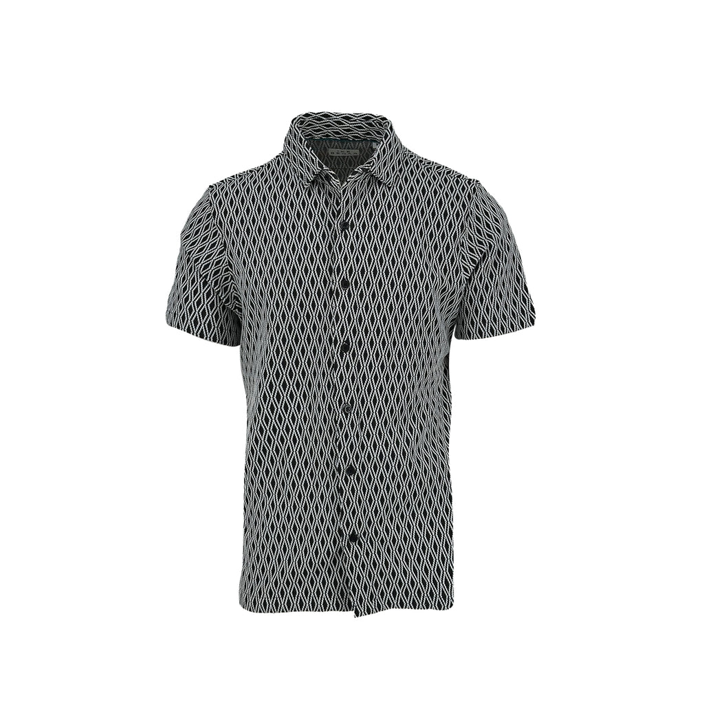 Men's Black White Jacquard Diamond Short Sleeve Shirt. Shop stylish high-quality mens sport shirts by Ike Behar.