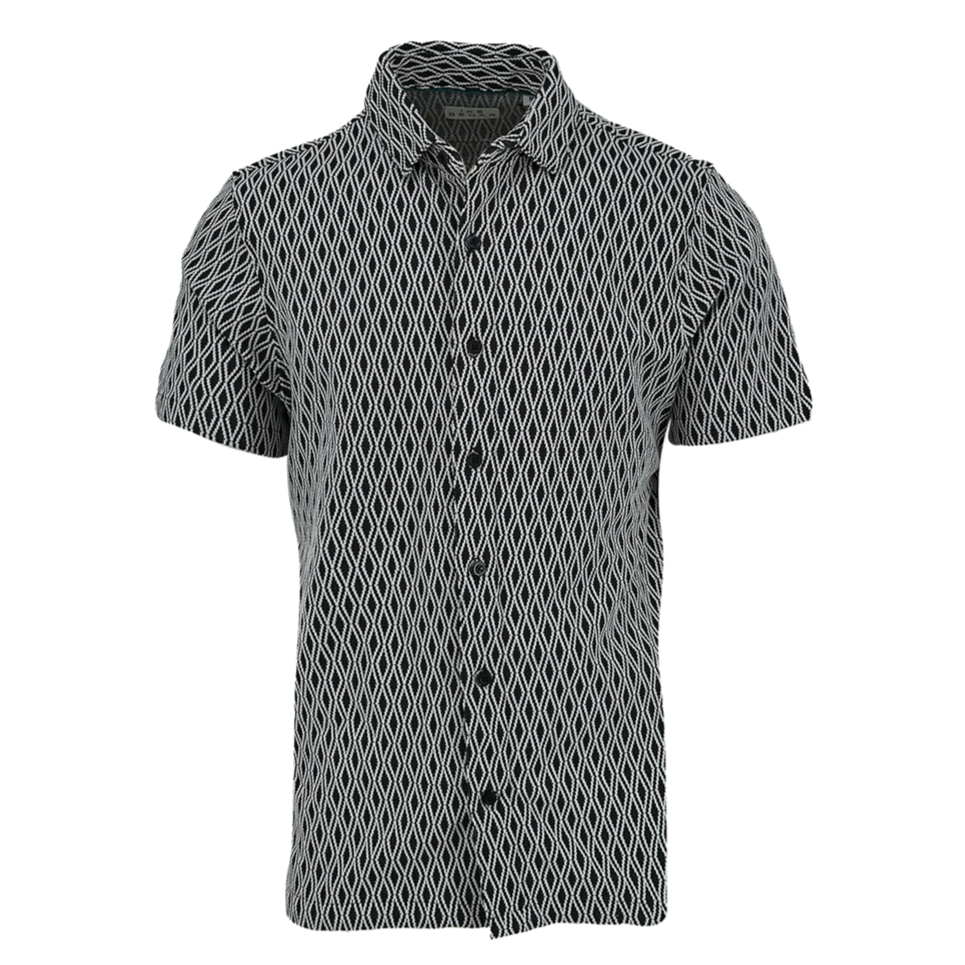 Men's Black White Jacquard Diamond Short Sleeve Shirt. Shop stylish high-quality mens sport shirts by Ike Behar.