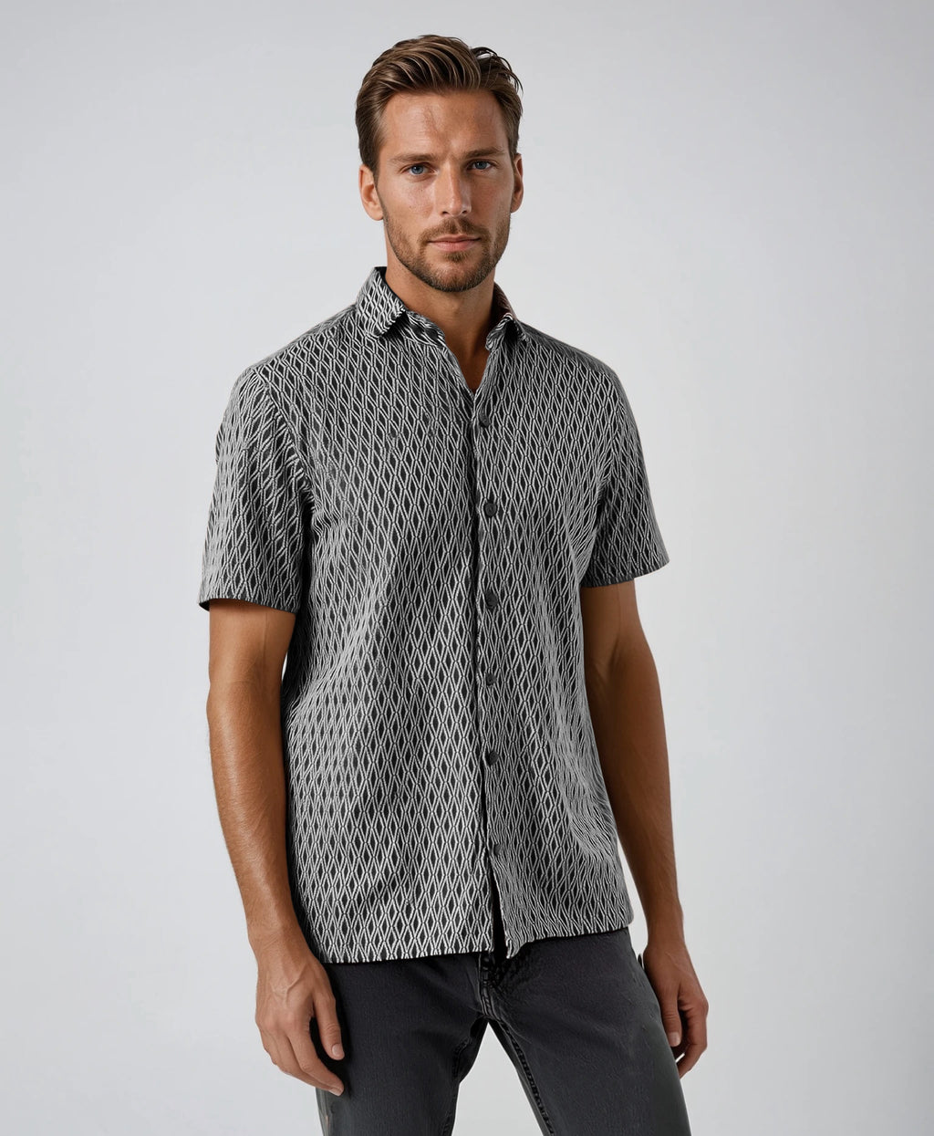 Men's Black White Jacquard Diamond Short Sleeve Shirt. Shop stylish high-quality mens sport shirts by Ike Behar.