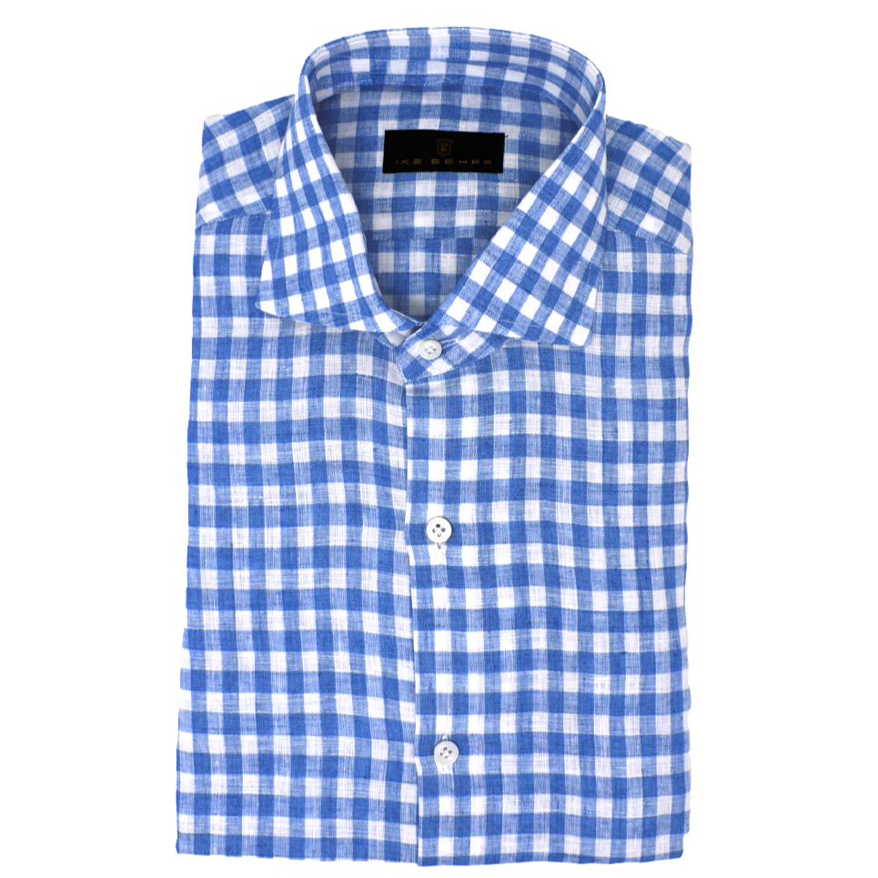 Men's Blue Linen Buffalo Check Sport Shirt. Shop stylish high-quality mens sport shirts by Ike Behar.
