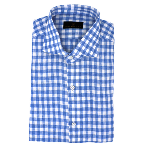 Men's Blue Linen Buffalo Check Sport Shirt. Shop stylish high-quality mens sport shirts by Ike Behar.