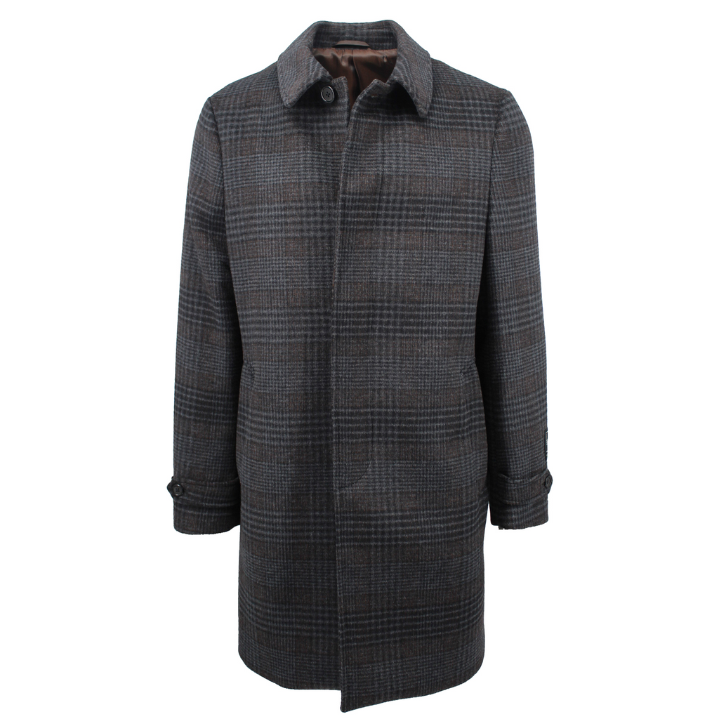 Men's charcoal black espresso plaid amity overcoat made of wool and polyester -Shop stylish high-quality mens coats  & jackets by Ike Behar