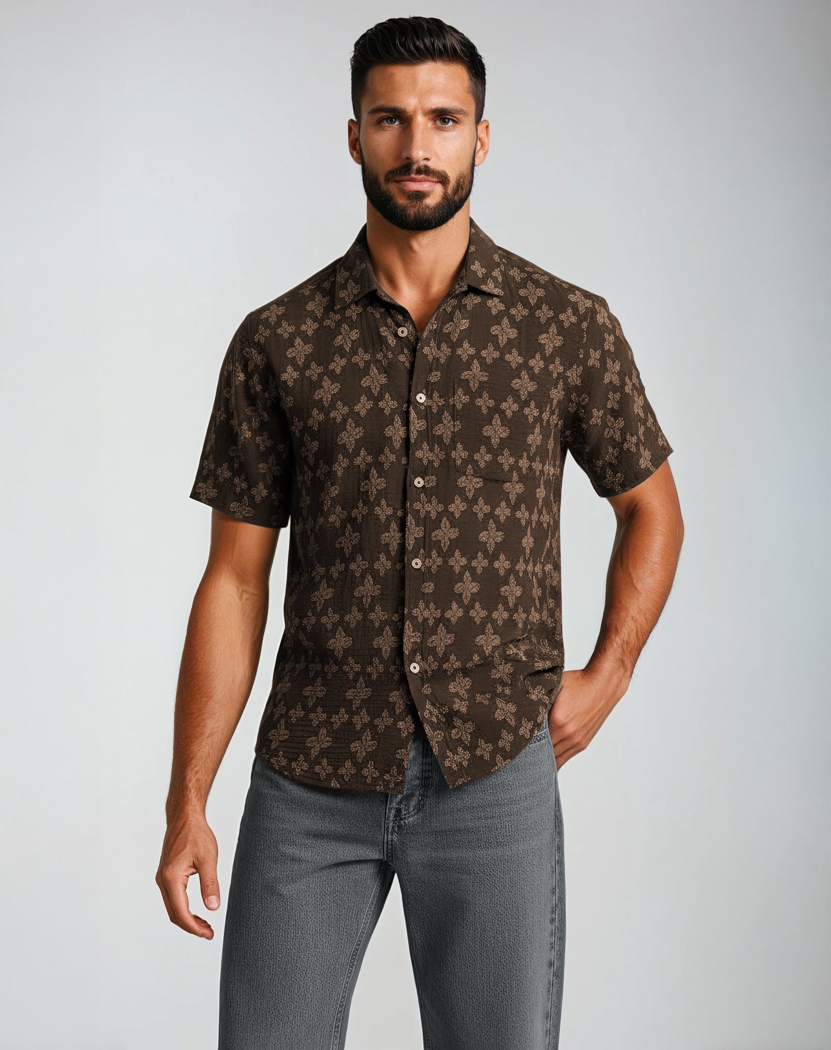 Chocolate Jacquard Textured Short Sleeve Shirt Ike Behar Chocolate Jacquard Textured Short Sleeve Shirt Ike Behar