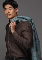 Men's chocolate brown hand-finished Italian linen long-sleeved shirt. Shop stylish, high-quality mens shirts by Ike Behar