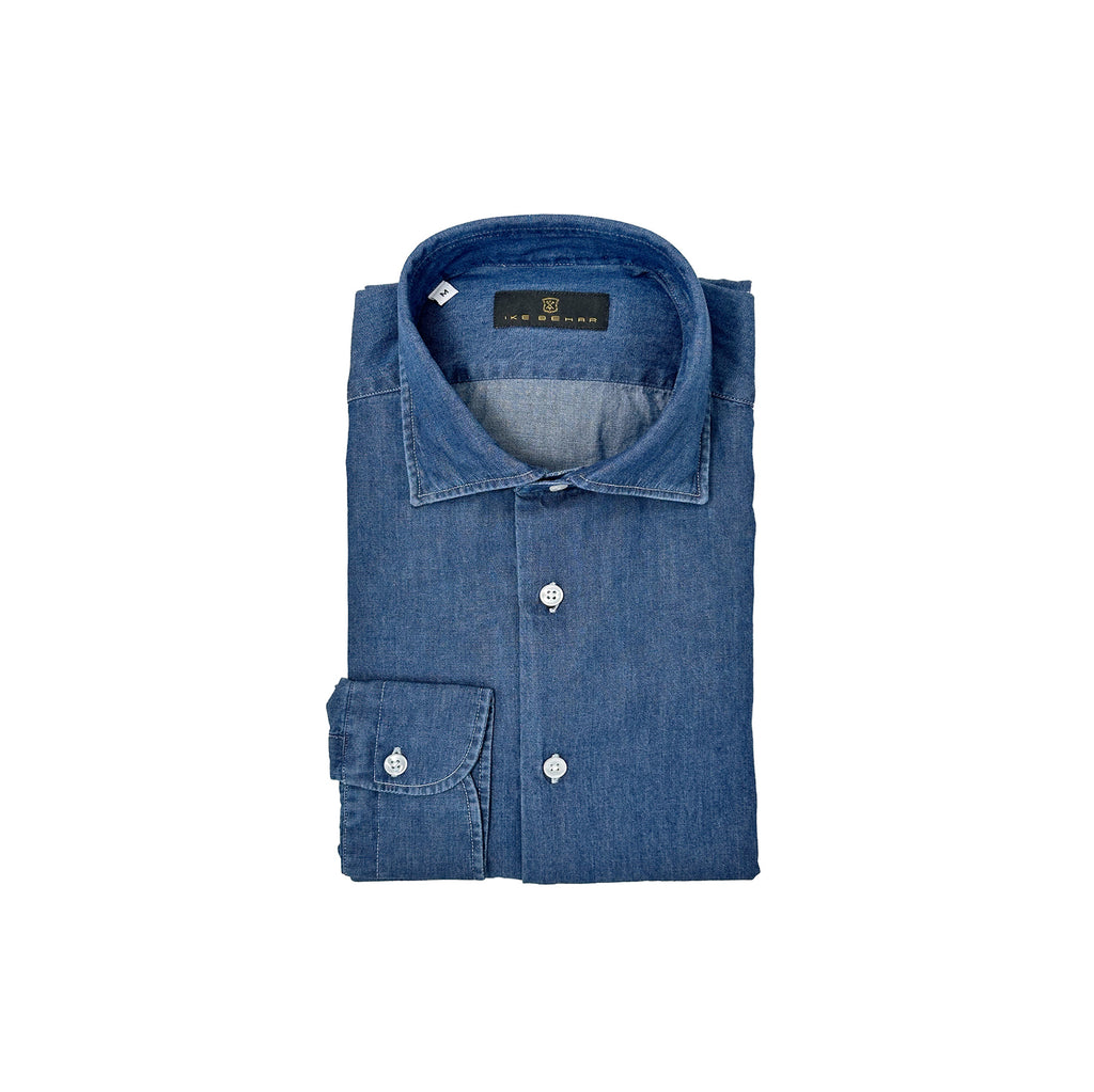 Men's dark blue wash denim sport shirt. Shop stylish high-quality mens denim shirts by Ike Behar.